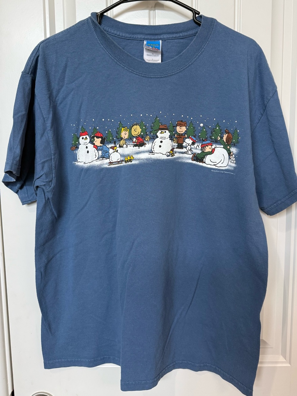 Peanuts Blue Holiday Snowman Graphic Tee Sz Large 100% Ultra Cotton